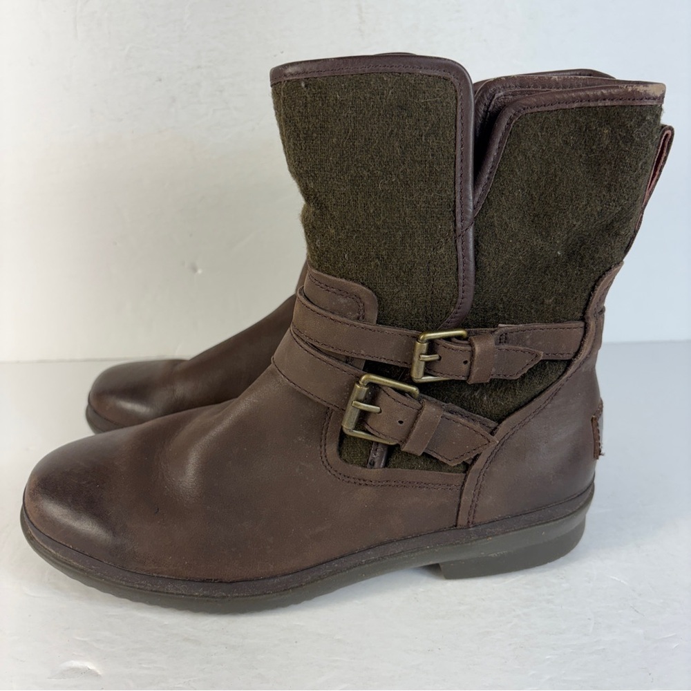 UGG Simmens Women Waterproof Brown Leather Boots - Olive Green Wool Biker Moto 8 - Picture 6 of 9